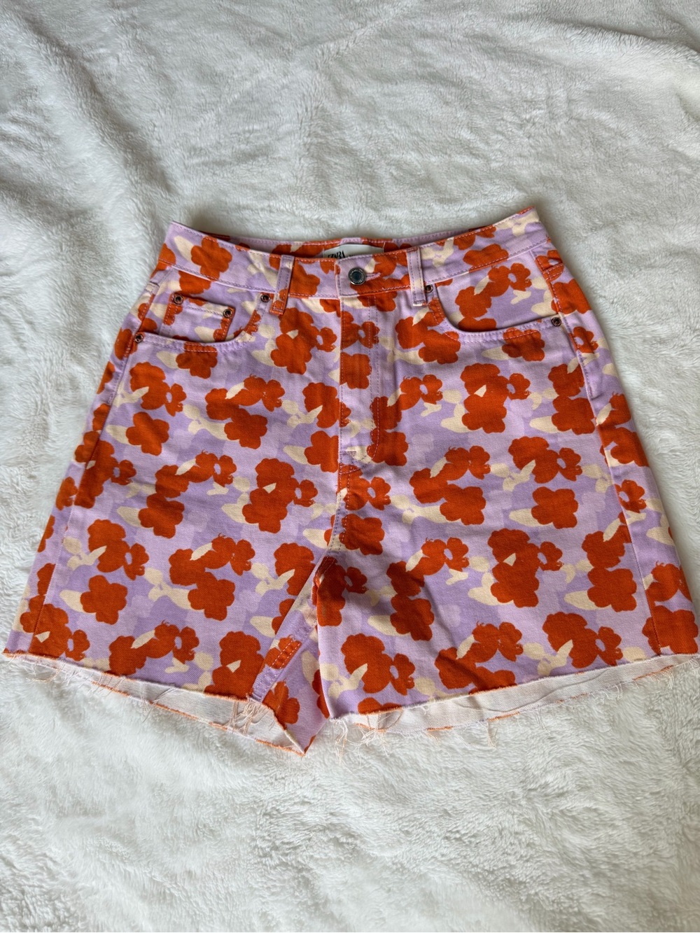 Zara Floral High-Rise Jean Shorts - Purple, Orange, Cream